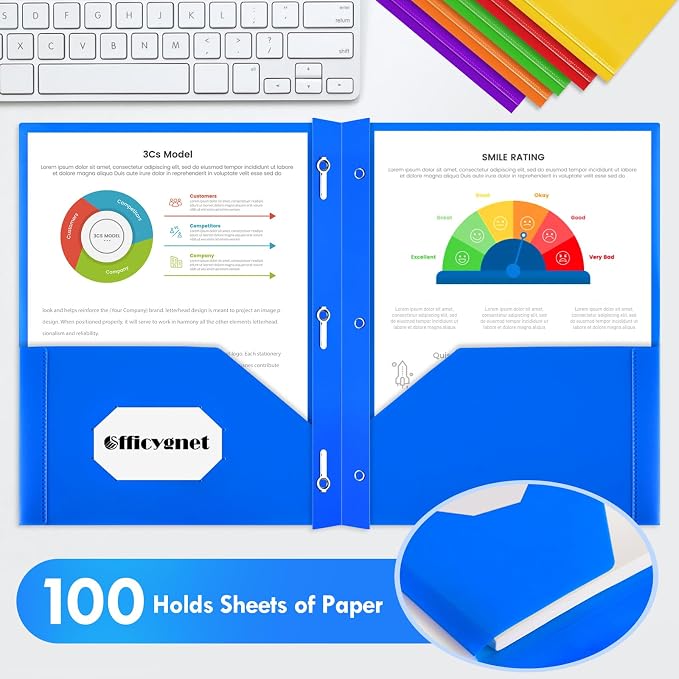 Ellinjan 102 Pack Plastic Folders with Pockets and Prongs, Clear Front 2 Pocket Folders with Brads, Heavy Duty Bulk Folders in 6 Colors, Letter Size for School and Office Supplies - Image 6