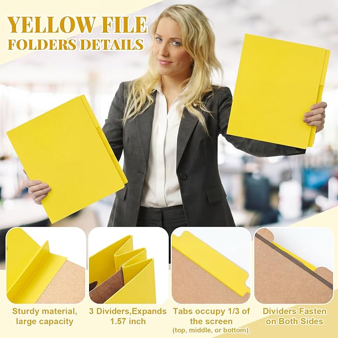 AmazingSpark 24 Pcak Yellow Classification Folders Letter Size, 1 Divider, 1/3-cut Tab, File Folders with Fasteners, Prongs, Expanding File Organizer Bulk for Office Employee, Coworker, Staff - Image 4