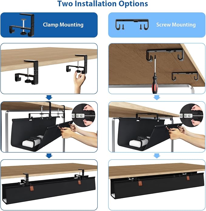 Zilink No Drill Under Desk Cable Management Tray 40" Cord Organizer for Table Clamp/Screw Mount Cable Management Under Desk Waterproof Fabric Cable Management Tray for Office, Home - Image 2