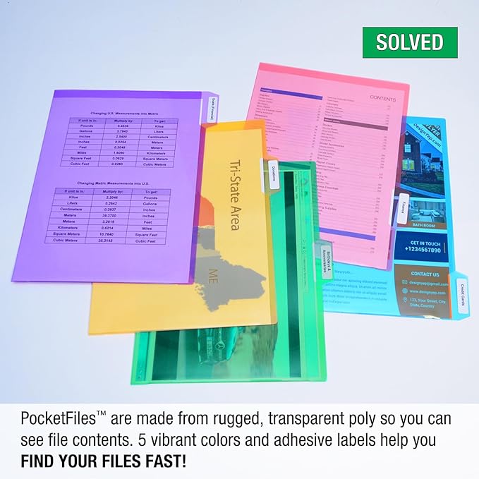 Ultimate Office Poly Color File Folders Letter Size, 5th-Cut Tabs Set of 25 | PocketFiles Heavy Duty Transparent Files, Sealed on 2 Sides to Secure and Protect Documents and are Tabbed for Easy Indexing - Image 3