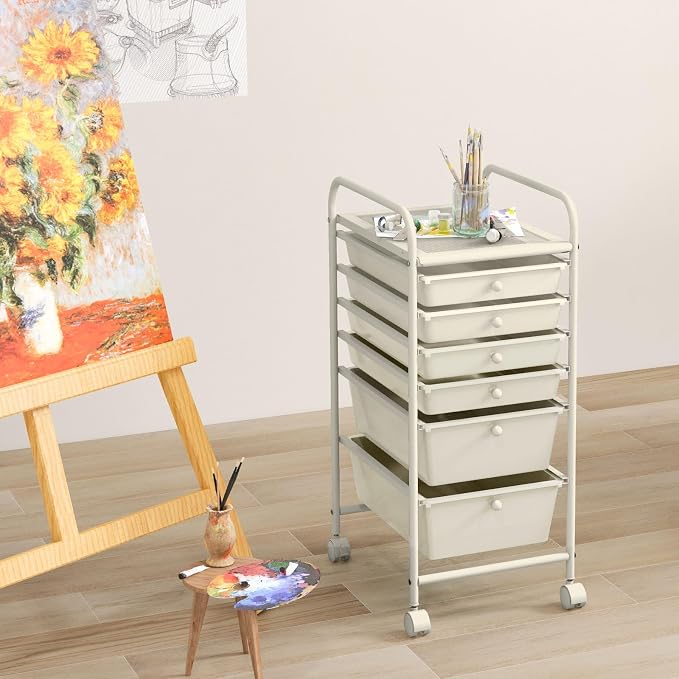 COSTWAY 6-Drawer Rolling Storage Cart, Art Craft Tools Organizer on Wheels | Multifunctional Heavy Duty Utility Mobile Storage Trolley w/ 2 Lockable Wheels for Home Office School (White) - Image 2
