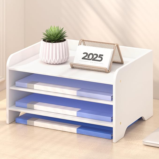 Bamboo File Organizer for Desk, Desktop Paper Tray and Mail Holder | Three open tiers keep A4/letter paper, folders, bills and mail sorted, visible and easy to reach while saving desk space by Unknown