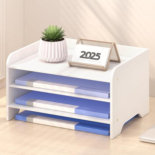 Bamboo File Organizer for Desk, Desktop Paper Tray and Mail Holder | Three open tiers keep A4/letter paper, folders, bills and mail sorted, visible and easy to reach while saving desk space by Unknown