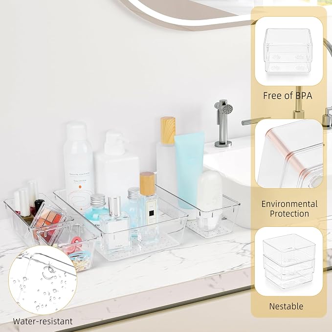 16 PCS Clear Drawer Organizers Set, 5 Varied Size Bathroom and Kitchen Drawer Cabinet Organizer Trays, Clear Plastic Desk Drawer Divider Organizers and Storage Bins for Makeup,Jewelry,Gadgets,Office - Image 4