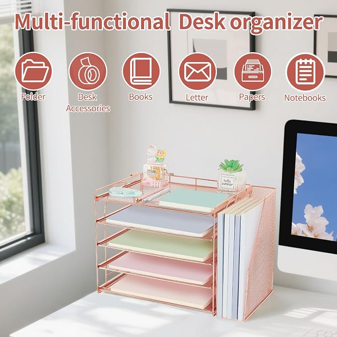 AUPSEN Rose Gold Desk Organizers and Accessories, 5-Tier Desktop Paper File Organizer with Removable File Holder, Desk Accessories & Workspace Organization for Home Office Supplies (Rose Gold) - Image 4