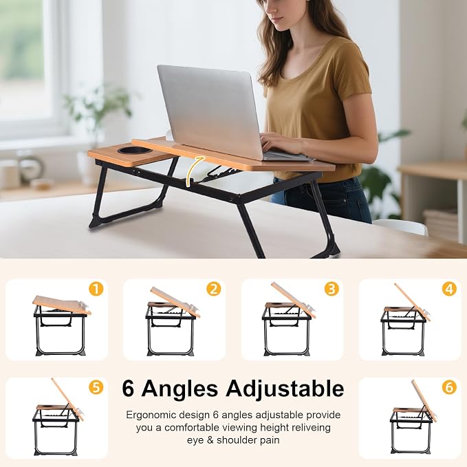 Adjustable Laptop Bed Table with Book Stand, Portable Reading Desk with Side Panel, Wood Grain - Image 7