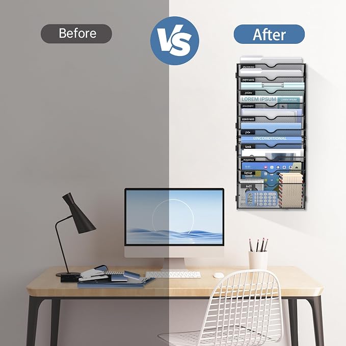 10-Tier Wall File Organizer and Hanging File Organizer, Black, 2Pack | Wall Organizer and Wall Mounted File Holder with 10 Pockets and Label Panels for Files, Mail, Folders, Magazines and Paper - Image 5