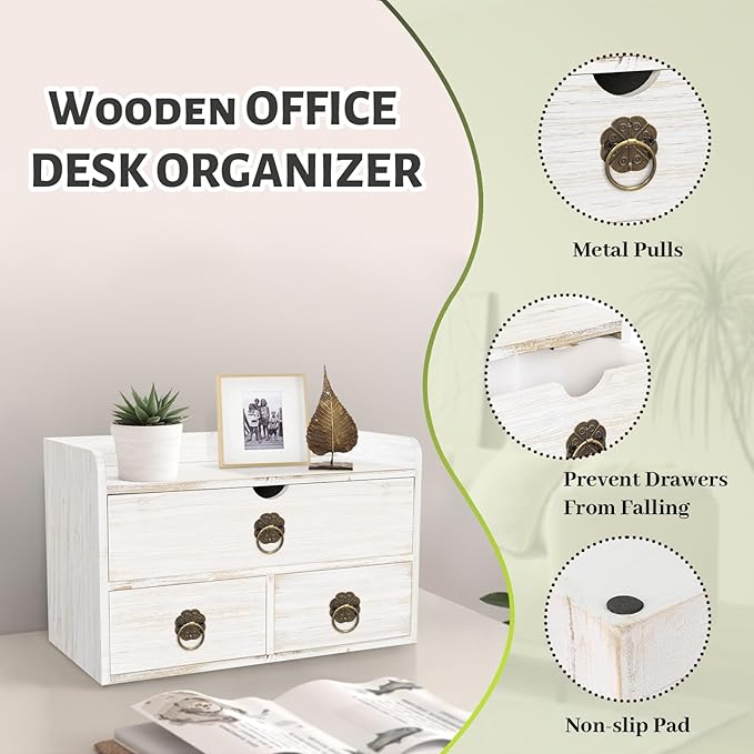 Wood Desk Organizer with Drawer, White Wooden Desktop Organizer, Tabletop Storage Organization Box for Countertop, Home Office Supplies, 13.5x6.6x8.2 Inch(3 Drawer and Shelf) - Image 5