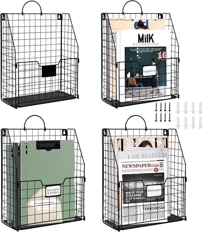 DILIBRA 4 Packs Hanging Wall File Organizer, Foldable Magazine File Holder | Wall Magazine Holder with Handle and Tag Slot, Metal Wall Mounted Mail Organizer Rack Folder Holder for Document Office Door by DILIBRA