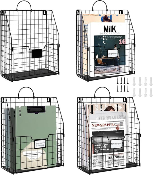 DILIBRA 4 Packs Hanging Wall File Organizer, Foldable Magazine File Holder | Wall Magazine Holder with Handle and Tag Slot, Metal Wall Mounted Mail Organizer Rack Folder Holder for Document Office Door by DILIBRA