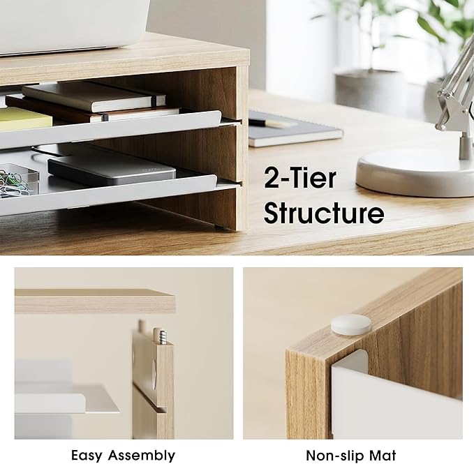 Fenge 14.3-Inch Monitor Stand with Slide-Out Trays, Wood & Metal Desk Shelf | 3-Tier Space-Saving Desk Storage Organizer, Fits Computer, Laptop, Printer and Telephone - Image 3