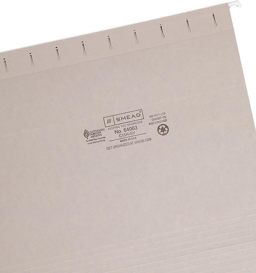Smead Colored Hanging File Folder with Tab, 1/5-Cut Adjustable Tab, Letter Size, Gray (64063), (Pack of 10, 250 Count Total) - Image 3