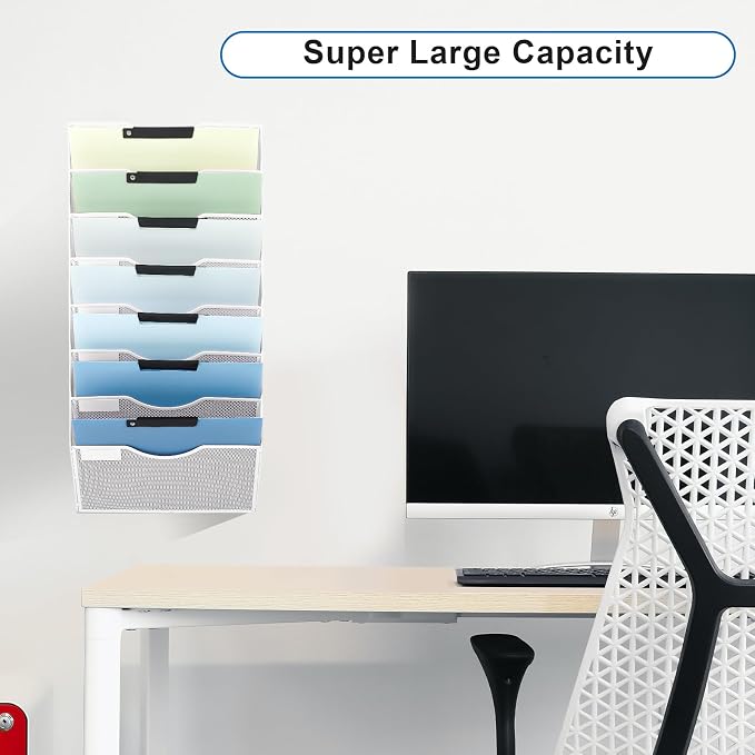 8 Pocket Mesh Hanging Wall File Organizer, Wall Mounted Mail Paper Document Folder Holder, Clipboard Storage Organization Magazine Rack with Nametag Label for Office Home School, White - Image 6