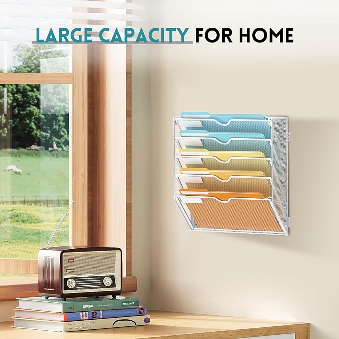 5 Tier Wall File Organizer, Hanging Wall Mounted Mail Organizer with Label Slots, Metal Mesh File Holder Magazine Rack for Office, Home, School or Classroom, White - Image 2