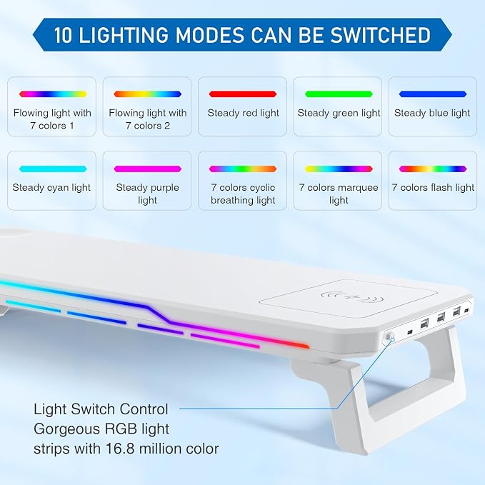 Monitor Stand Riser with USB 3.0 Hub & Type-C Port, 15W Fast Wireless Charging & RGB Lighting, Desk Organizer for Home Office PC iMac 27 Inch (White) - Image 4