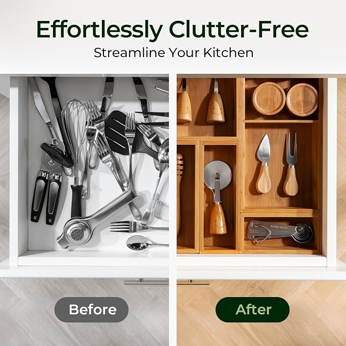 keechee 10-Piece Bamboo Drawer Organizer Set, 2.2" Deep Multi-Use Organizers for Utensils, Silverware, Cutlery, Desk, Bathroom, Junk Drawer & Makeup, Non-Slip Feet Included. - Image 8