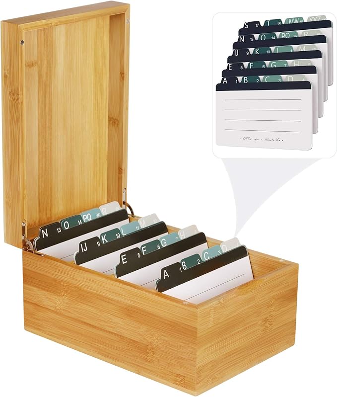 MaxGear Bamboo Business Card Organizer for 4" x 6" Cards | Index Card Holder for Desk, Index Cards Box with A-Z Tabs, Holds 600 Cards, Desktop Organizers for Home, Office by MaxGear