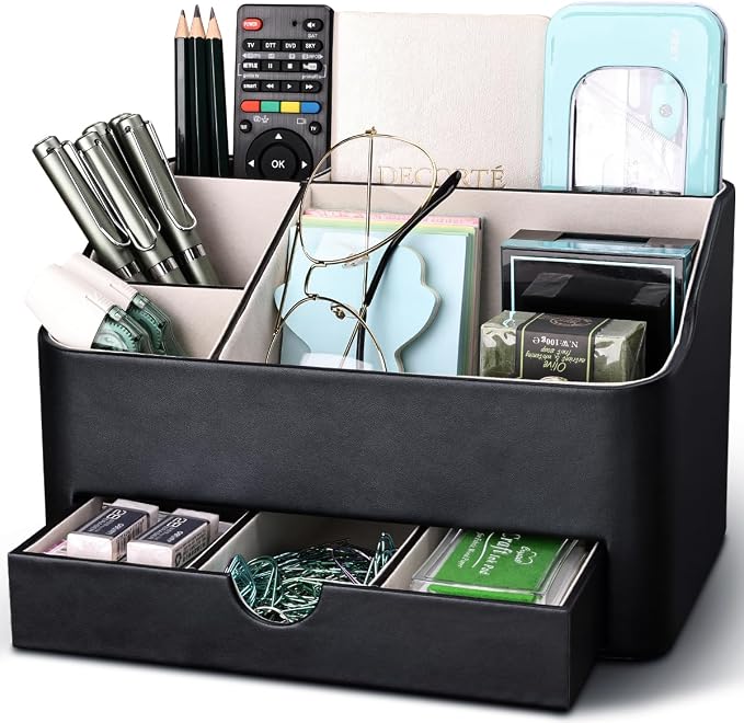 Desk Organizer with Drawer, Multifunction Pencil Holder for Desk, Desk Organizer and Accessories 5 Compartments for Home Office Supplies (Black) by KingfomLeatherHomeOfficeDecor