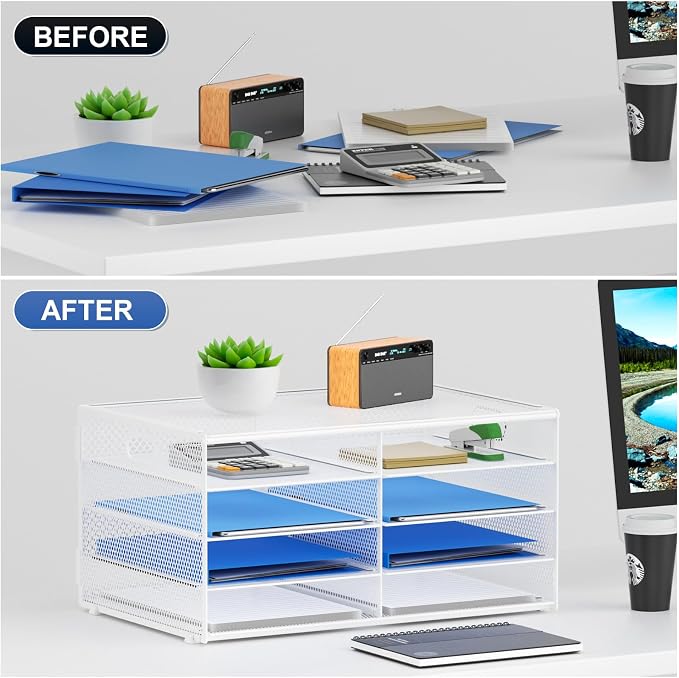 Lavatino 8 Compartments Paper Organizer for Desk, Mesh Literature Organizer, Mail File Sorter Tray with Handle, Desktop Mailbox for Office Classroom Home, White - Image 4