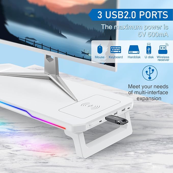 Monitor Stand Riser with USB 3.0 Hub & Type-C Port, 15W Fast Wireless Charging & RGB Lighting, Desk Organizer for Home Office PC iMac 27 Inch (White) - Image 3