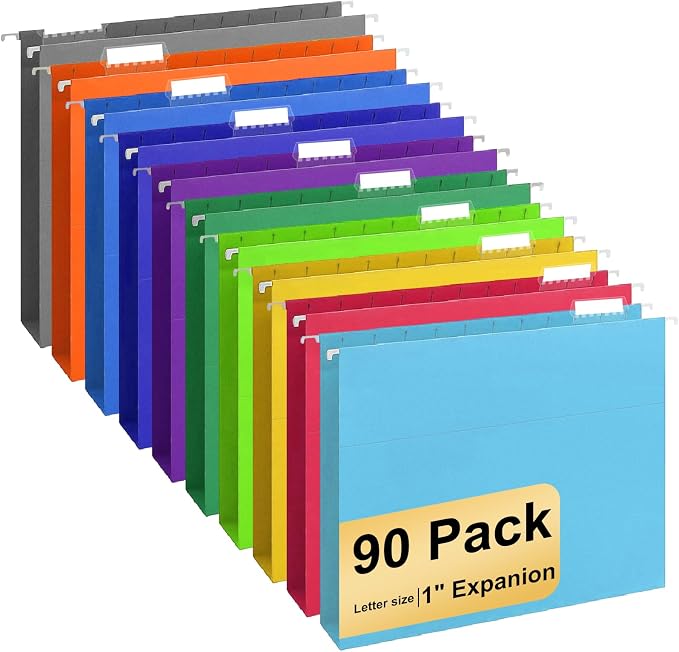 Hanging File Folders, 90 Pack Letter Size Hanging File folders with 1/5-cut Tabs, Stay Organized for Your Home and Office Bulk File, Documents and Paper, 10 Colors by YOPCDJ