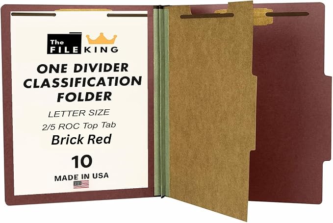 The File King One Divider Brick Red Pressboard Classification File Folder - Letter Size | Box of 10 | Top Tab | 2” Expansion | Four 2-Inch Durable Fastener Prongs | USA Made by TheFileKing