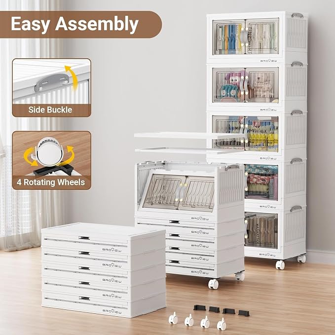 BROVIEW 180Qt Stackable Storage Bins with Lid, Extra Large Closet Organizer Collapsible Drawer Boxes with Wheels, Folding Plastic Cabinet Containers for Home Kitchen Room Organization, 4Pack White - Image 6