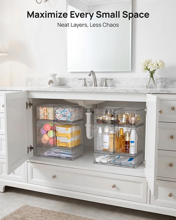 Vtopmart Stackable Storage Drawers Set of 7, Clear Plastic Organizer Bins for Baby Bottle, Beauty Supplies Storage, Ideal for Kichen Countertop, Vanity, Bathroom, Cabinet, Pantry Organization - Image 6