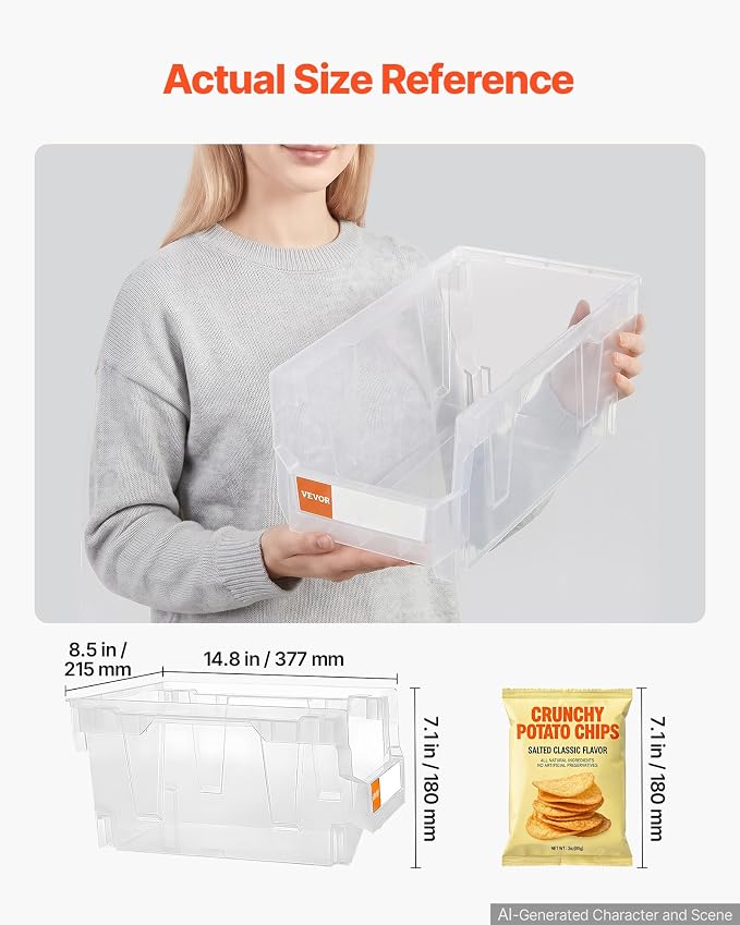 VEVOR Plastic Stackable Storage Bins, 14.8 x 8.5 x 7.1 inch (6 Pack), Plastic Containers for Organizing & Storage Bins for Closet, Garage, Small Parts, Office Supplies, Other Accessories, Transparent - Image 2