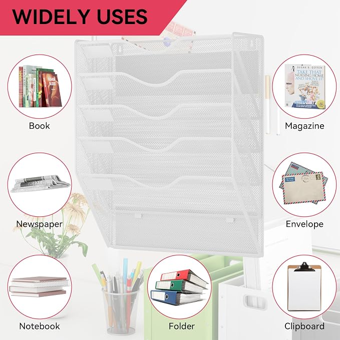 5-Tier Magnetic File Holder, No Drilling Wall File Organizer, File Folder Bins, Mail & Magazine Rack, Magnetic Paper Document Holder for Refrigerator File Cabinets Whiteboard, White - Image 6