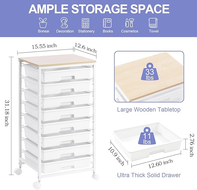 SYKIARIOL Rolling Storage Cart with Drawers, 8 Drawers Utility Cart,White | Rolling Drawer Cart with Wooden Tabletop,Storage Drawer Cart for Living Room,Classroom,Bedroom,Dorm,Office - Image 2