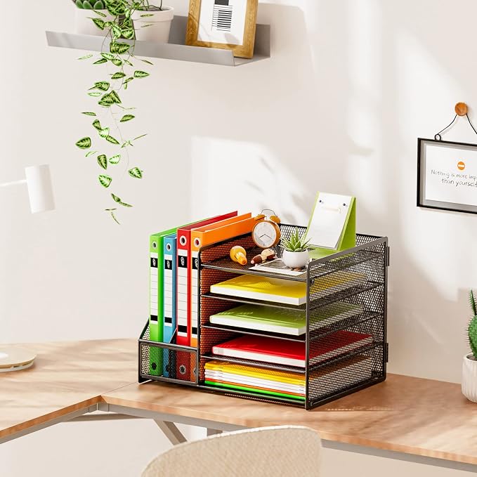 Marbrasse Desk Organizer with File Holder, 5-Tier Paper Letter Tray Organizer, Mesh Desk Organizers and Accessories with Magazine Holder, Desktop Storage for Office Supplies (Black) - Image 3