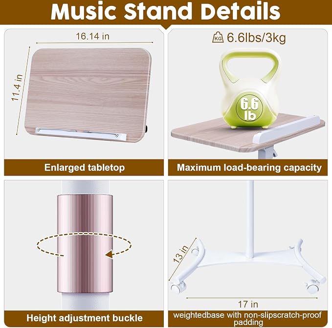 2 in 1 Dual-use Music Stand & Desktop Book Stand, Adjustable Height 16.5"-51", 100% Solid Wood Laptop Floor Stand Book Holder with Elastic Page Clips for Cookbooks (White with Tray and Wheels) - Image 6