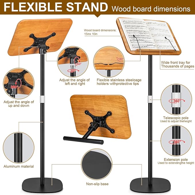 2-in-1 Dual-use Floor & Desktop Book Stand, 100% Solid Wood Book Stand, Adjustable Height 16.5"- 51" Laptop Floor Stand Book Holder with Page Clips for Cookbooks, Sheet Music (Natural Wood Color) - Image 2