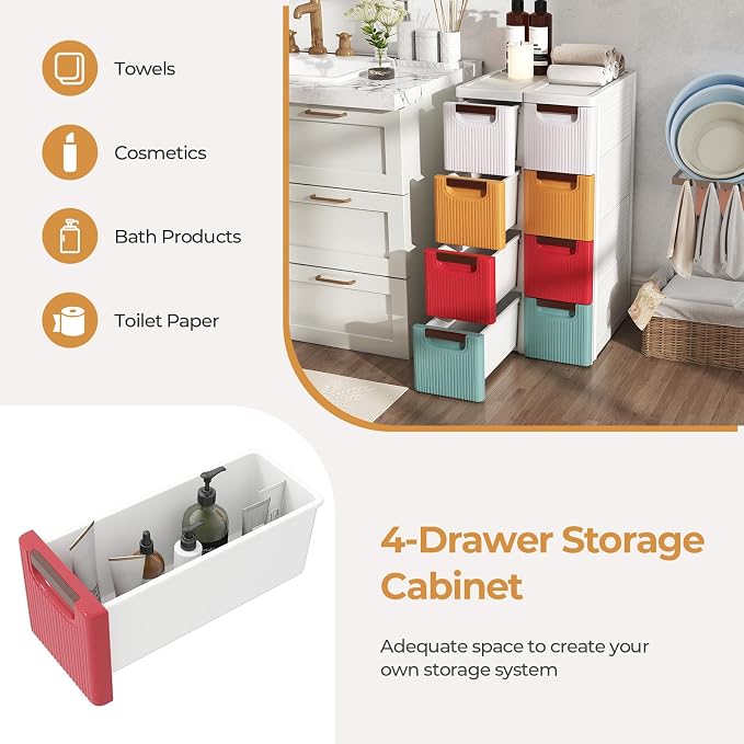 Giantex 4 Drawers Storage Cart, Narrow Plastic Dresser, Rolling Organizer Cart for Office Classroom Bedroom Bathroom Art Craft Supplies, Mobile Slim Utility Cart on Wheels, Multicolor - Image 6