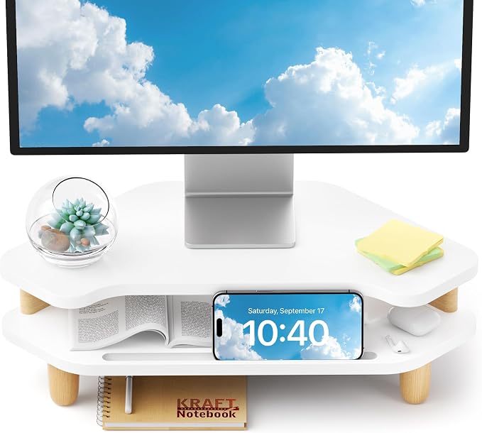 AFOOYO Monitor Stand Riser,2 Tier Corner Wood Sturdy 16.5In Computer Stand, Multi-Purpose Desktop Storage Stand for Laptop,PC,iMac,Printer,Computer,White by AFOOYO