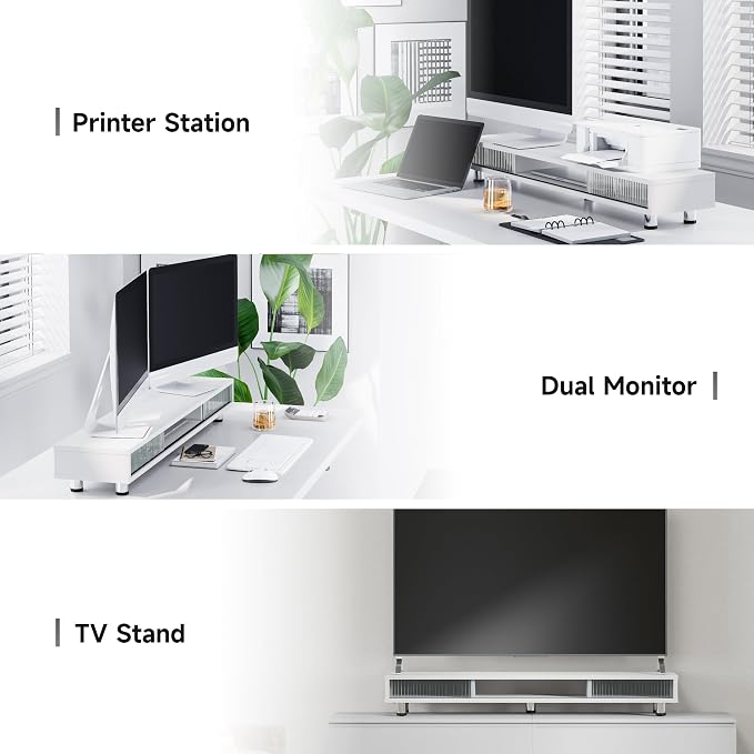 Fenge Dual Monitor Stand with Storage, Desk Shelf with Glass Sliding Door | Ergonomic Height Adjustment, 42.5in Monitor Shelf, 2-Tier Monitor Riser, Desk Organizer for Screen, PC, Laptop, White - Image 6