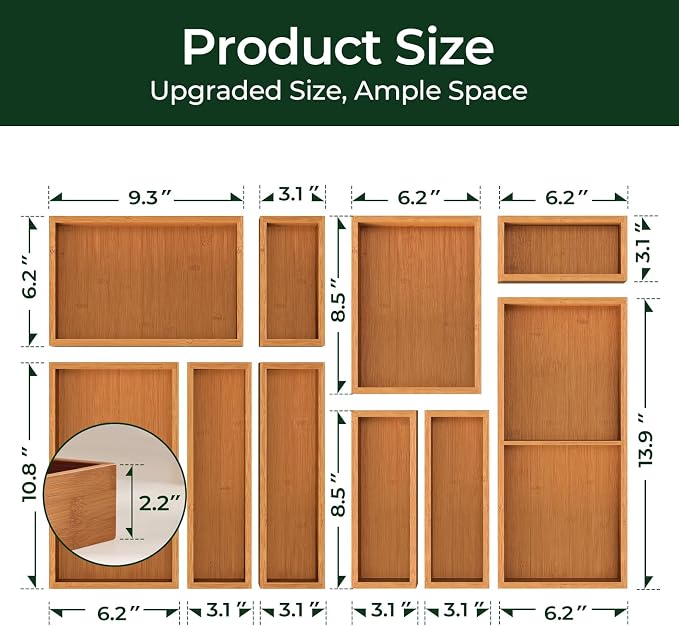 keechee 10-Piece Bamboo Drawer Organizer Set, 2.2" Deep Multi-Use Organizers for Utensils, Silverware, Cutlery, Desk, Bathroom, Junk Drawer & Makeup, Non-Slip Feet Included. - Image 3