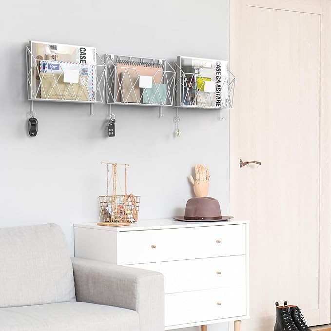 YBING Wall File Organizer White 6 Pack Mesh Hanging File Holder Organizer Metal Wire Mail Organizer Wall Mounted Office Papers Holder Hanging File Folders With Hooks - Image 6