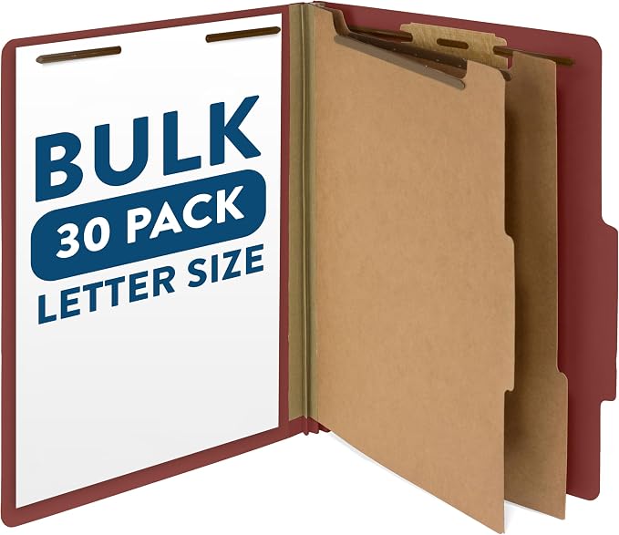 Blue Summit Supplies 30 Classification Folders, 2 Divider, Red | Heavy-duty letter size, 2 in expansion, 2 prong fasteners, 2 dividers, for medical and legal files by BlueSummitSupplies