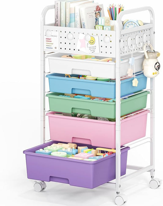 5 Drawer Rolling Storage Cart with Pegboard Top and Hooks, Ice Cream | Mobile Organizer Cart with Wheels for Office Supplies, Craft Storage, Classroom Organization, Home Utility Cart by SYKIARIOL