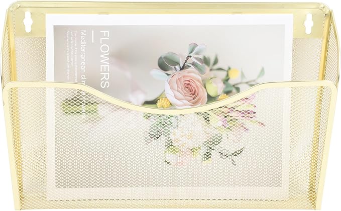3 Single Pocket Mesh Hanging File Organizer, Vertical Wall Mounted Magazine File Holder, Mount Basket Mail Paper Document Folder Organizing for Office, Home and School, Gold - Image 6