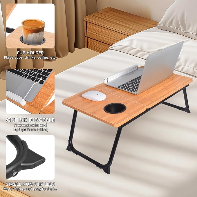 Adjustable Laptop Bed Table with Book Stand, Portable Reading Desk with Side Panel, Wood Grain - Image 8