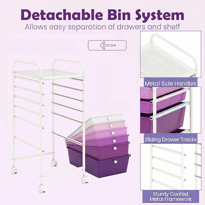 COSTWAY 6-Drawer Rolling Storage Cart, Art Craft Tools Organizer on Wheels | Multifunctional Heavy Duty Utility Mobile Storage Trolley w/ 2 Lockable Wheels for Home Office School (Purple Gradient) - Image 6