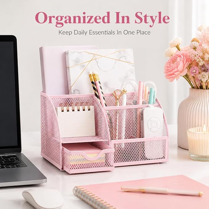 Exerz Desk Organizer 7 Compartments Metal Mesh Pen Holder Caddy Light Pink | Soft Color Desktop Storage for Notes Clips Scissors Rulers Craft Tools Makeup Study and Home Use - Image 8