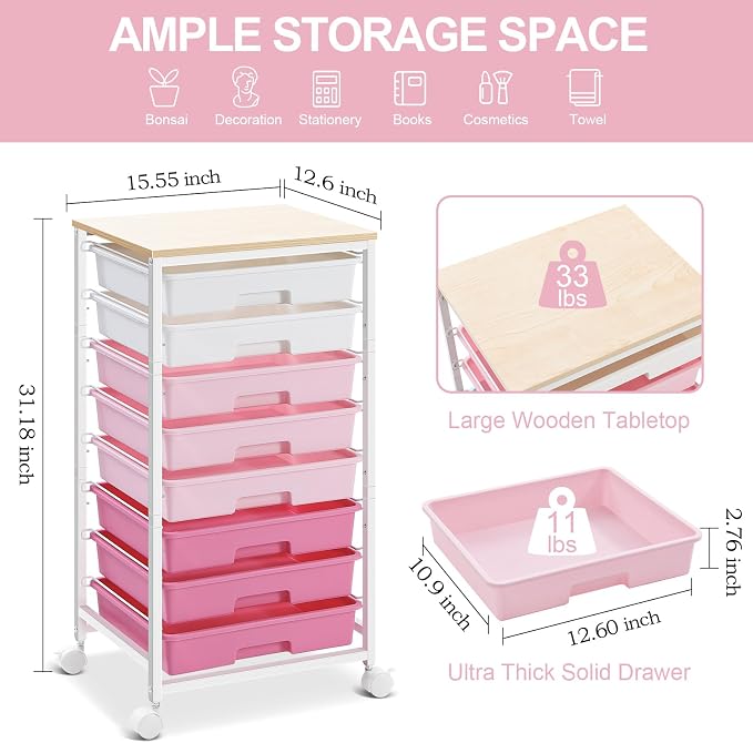 SYKIARIOL Rolling Cart with Drawers,Utility Cart with 8 Drawers,Rose Pink | Craft Organizers and Storage Cart with Wooden Tabletop for Living Room,Classroom, Bedroom,Dorm,Home Office - Image 6