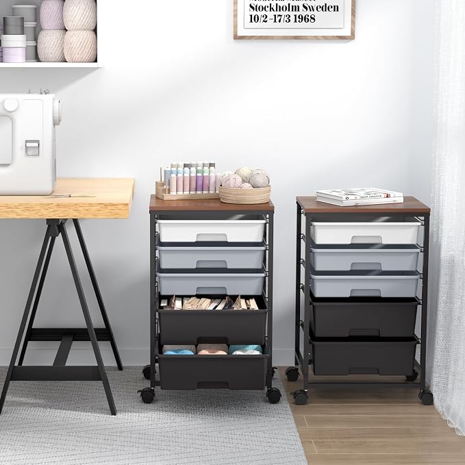 SYKIARIOL Utility Cart with Drawers,5 Drawers Storage Cart,Dark Grey | 5-Tiers Storage Cart with Drawers with Lockable Wheels for Craft Organizers and Storage,Home Office,Classroom,Dorm,Playroom - Image 9