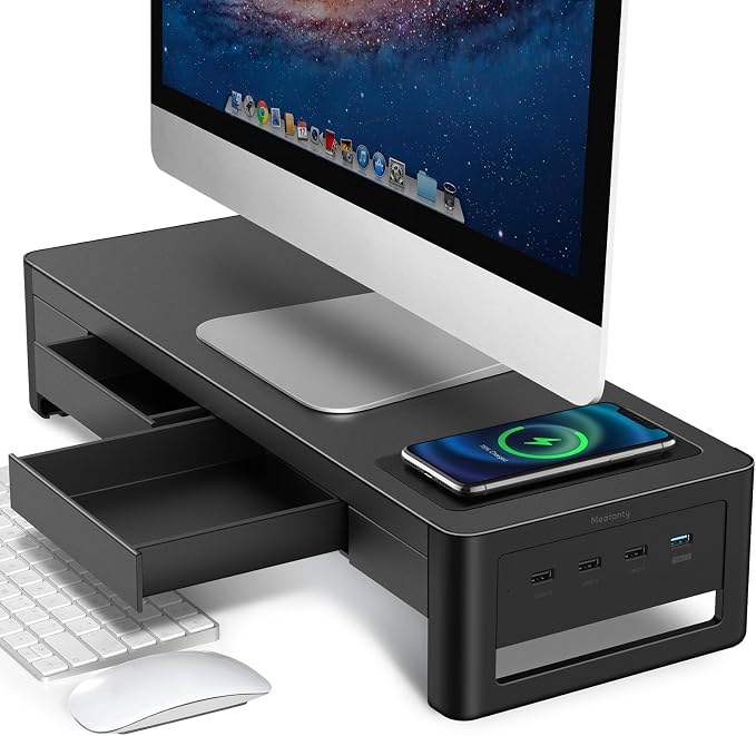 meatanty 3 In 1 Monitor Stand Riser with 2 Drawers,1 Wireless Charging Module and 4 USB Ports,Metal Computer Stand Support Transfer Data & Charging,Desk Organizer for PC,iMac (21 inches) by Meatanty