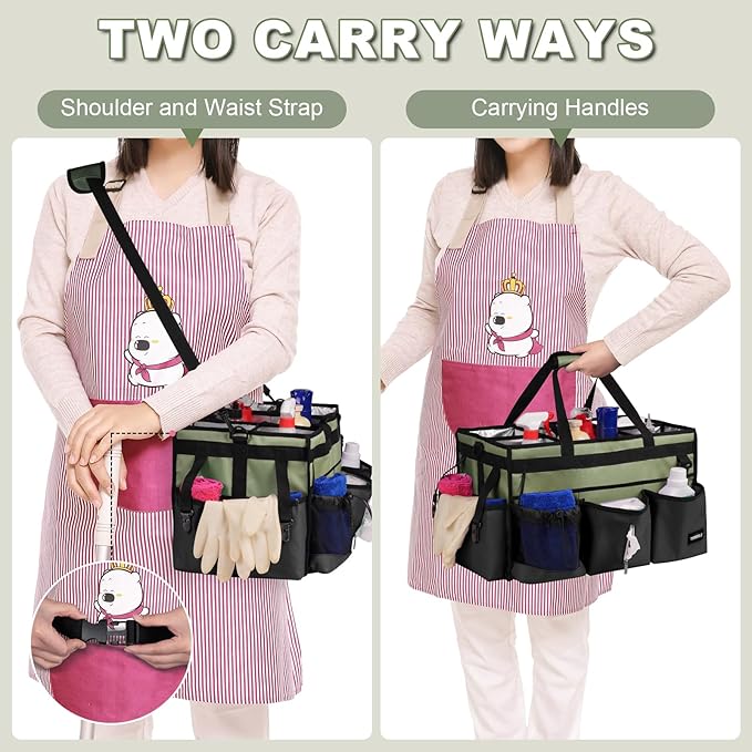 Large Cleaning Caddy Bag with Built-In Support Board, Cleaning Tote Organizer with Removable Divider, Supply Carryall with Adjustable Shoulder Strap and Waist Belt for Cleaners & Housekeeper - Image 4