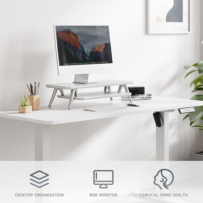 Fenge Monitor Stand Riser, Wooden Desk Shelf with 2-Tier Storage | 23.6-Inch Wide, Sturdy Aluminum Legs, Built-In Phone & Tablet Slot, Desktop Organizer for Office Accessories - Image 2